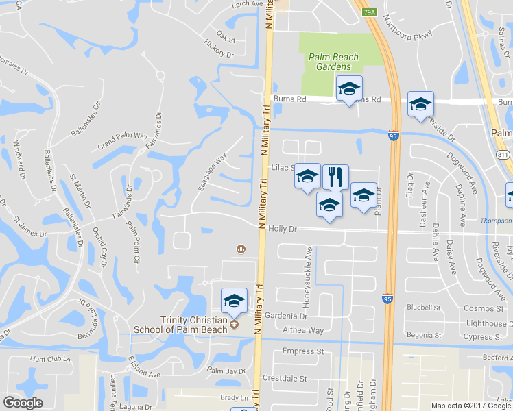 map of restaurants, bars, coffee shops, grocery stores, and more near 10107 North Military Trail in West Palm Beach