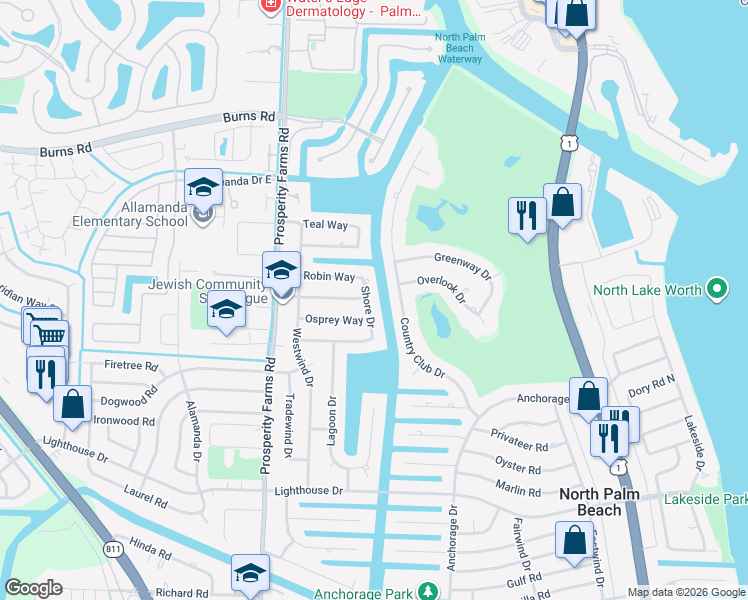 map of restaurants, bars, coffee shops, grocery stores, and more near 816 Shore Drive in North Palm Beach