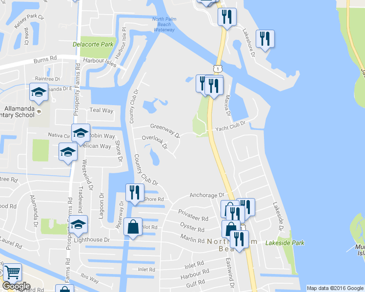 map of restaurants, bars, coffee shops, grocery stores, and more near 509 Greenway Drive in North Palm Beach