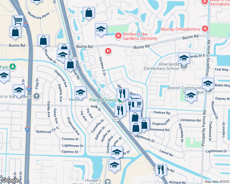 map of restaurants, bars, coffee shops, grocery stores, and more near 3209 Gardens East Drive in Palm Beach Gardens