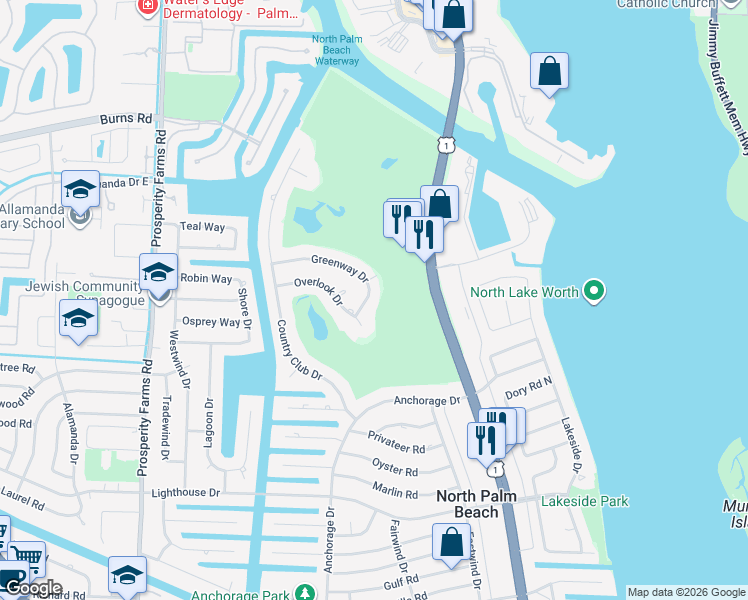map of restaurants, bars, coffee shops, grocery stores, and more near 509 Greenway Drive in North Palm Beach