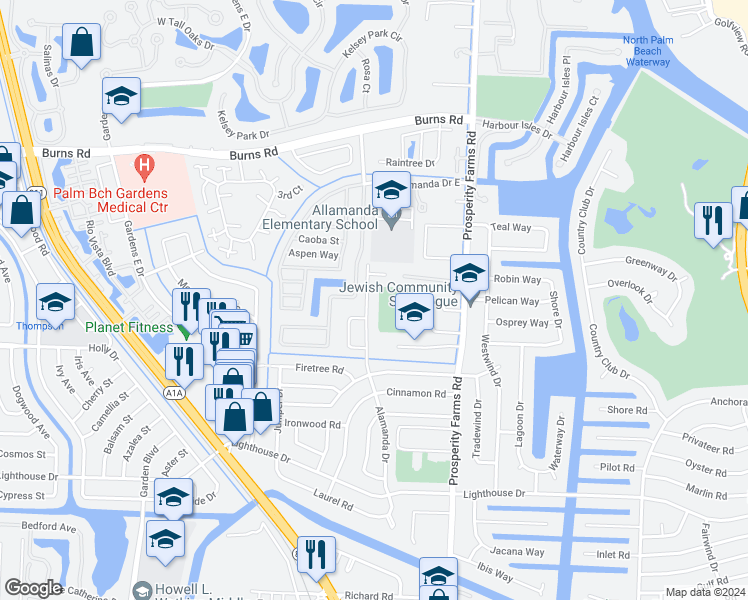 map of restaurants, bars, coffee shops, grocery stores, and more near 1009 Alamanda Drive in North Palm Beach