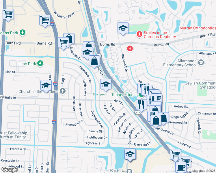map of restaurants, bars, coffee shops, grocery stores, and more near 10125 Ironwood Road in Palm Beach Gardens