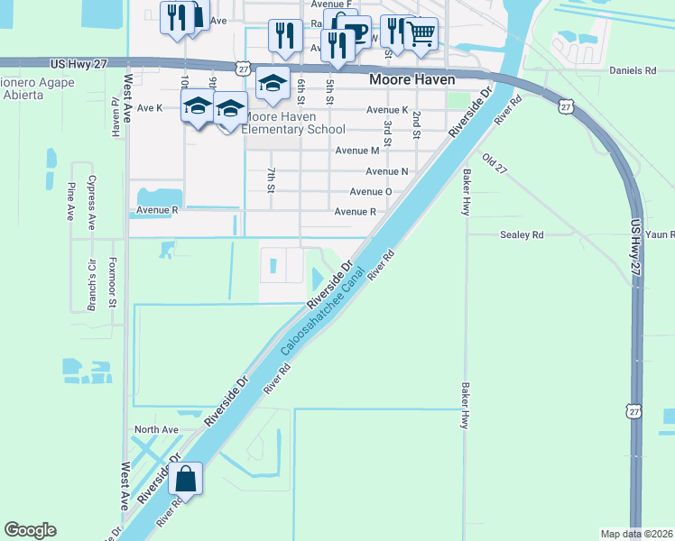map of restaurants, bars, coffee shops, grocery stores, and more near 901 Riverside Drive in Moore Haven