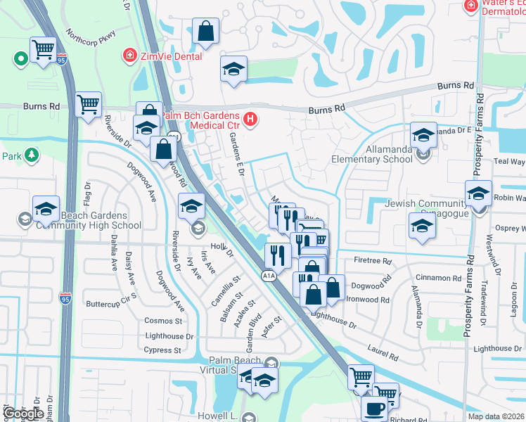 map of restaurants, bars, coffee shops, grocery stores, and more near 500 Coronado Way in Palm Beach Gardens