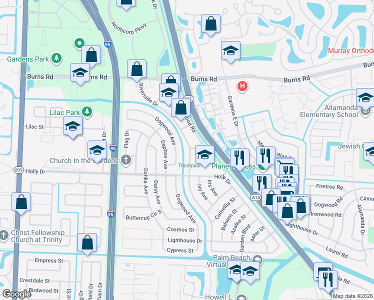 map of restaurants, bars, coffee shops, grocery stores, and more near 10089 Riverside Drive in Palm Beach Gardens