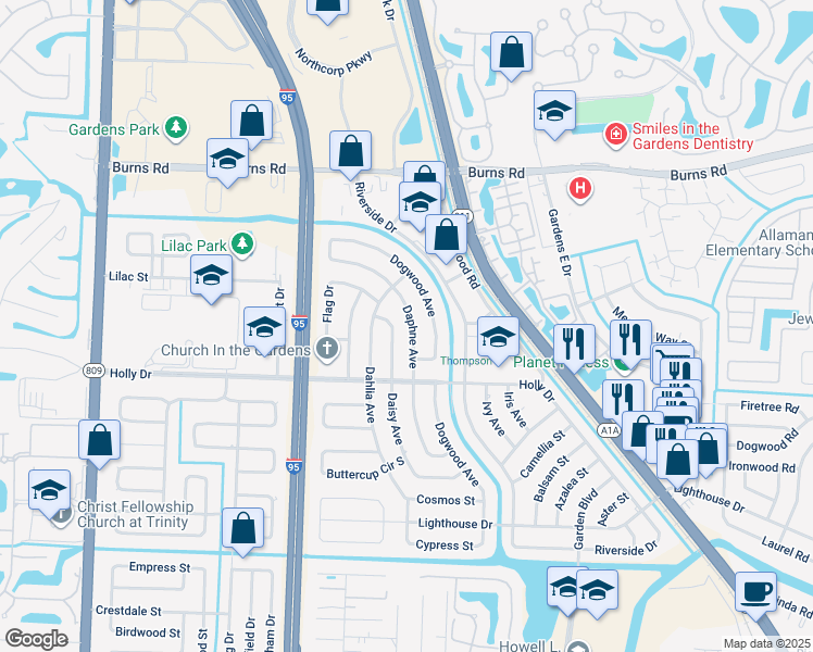 map of restaurants, bars, coffee shops, grocery stores, and more near 10088 Daisy Avenue in Palm Beach Gardens