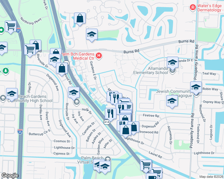 map of restaurants, bars, coffee shops, grocery stores, and more near 3211 Meridian Way South in Palm Beach Gardens