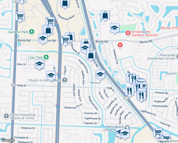map of restaurants, bars, coffee shops, grocery stores, and more near 10188 Dogwood Avenue in Palm Beach Gardens