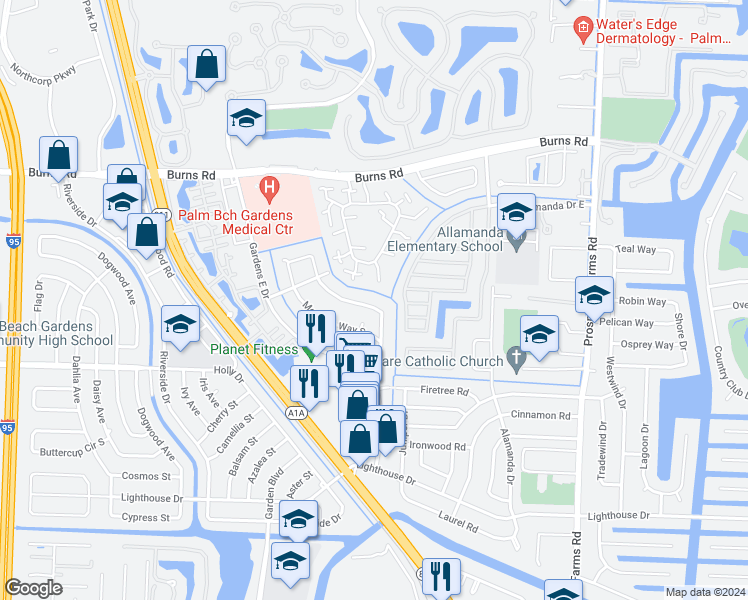 map of restaurants, bars, coffee shops, grocery stores, and more near 3061 Meridian Way North in Palm Beach Gardens