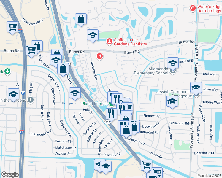 map of restaurants, bars, coffee shops, grocery stores, and more near 3231 Meridian Way South in Palm Beach Gardens