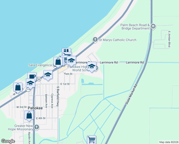 map of restaurants, bars, coffee shops, grocery stores, and more near 900 Larrimore Road in Pahokee