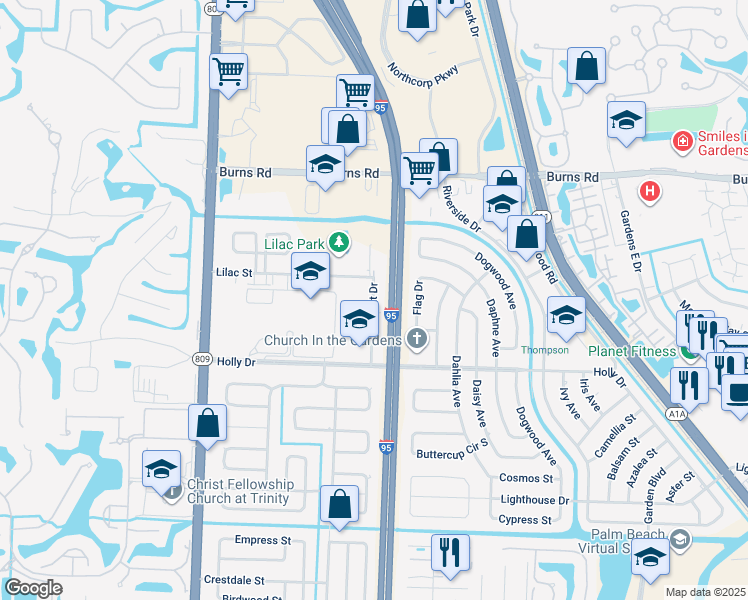 map of restaurants, bars, coffee shops, grocery stores, and more near 10176 Plant Drive in Palm Beach Gardens