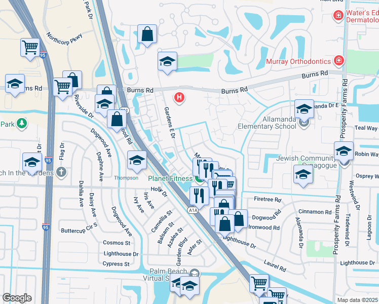 map of restaurants, bars, coffee shops, grocery stores, and more near 3299 Gardens East Drive in Palm Beach Gardens