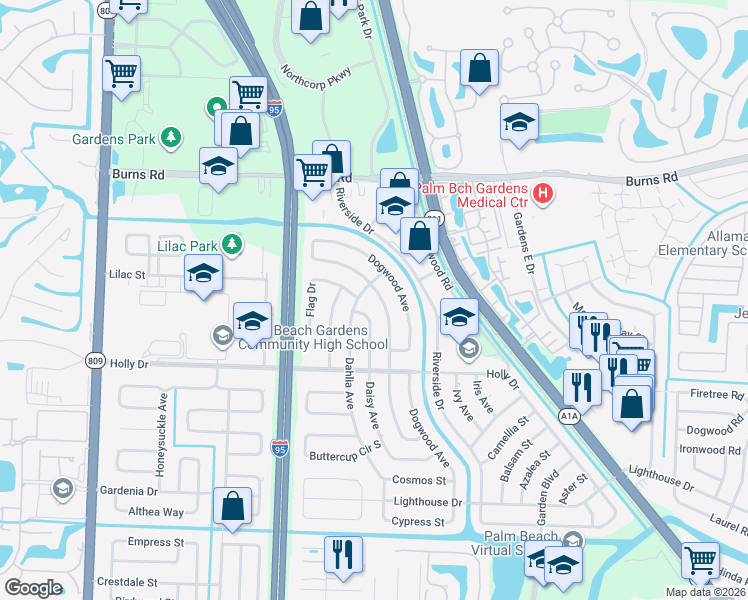 map of restaurants, bars, coffee shops, grocery stores, and more near 10199 Daphne Avenue in Palm Beach Gardens