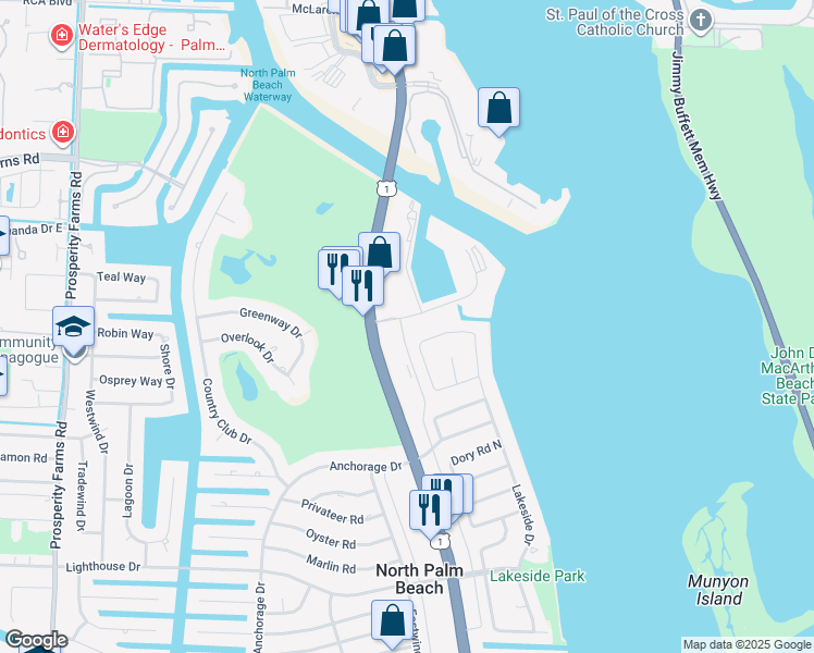 map of restaurants, bars, coffee shops, grocery stores, and more near 148 Yacht Club Drive in North Palm Beach