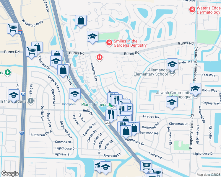 map of restaurants, bars, coffee shops, grocery stores, and more near 3231 Meridian Way South in Palm Beach Gardens