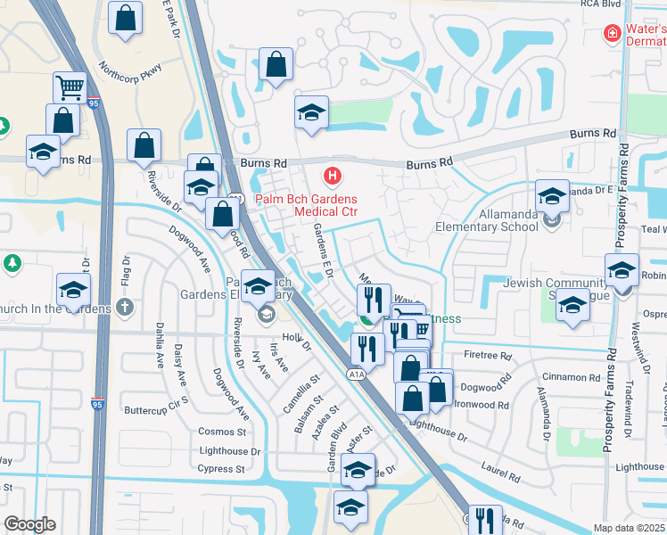 map of restaurants, bars, coffee shops, grocery stores, and more near 3299 Gardens East Drive in Palm Beach Gardens