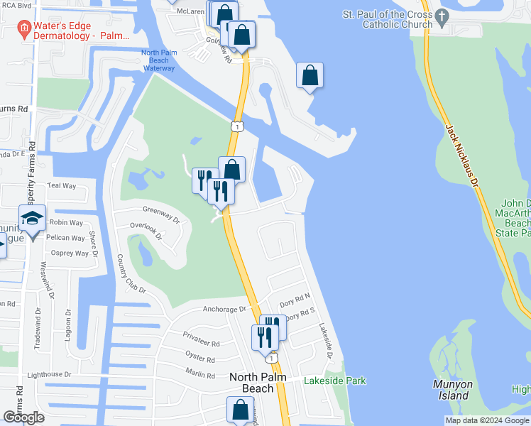 map of restaurants, bars, coffee shops, grocery stores, and more near 130 Yacht Club Drive in North Palm Beach
