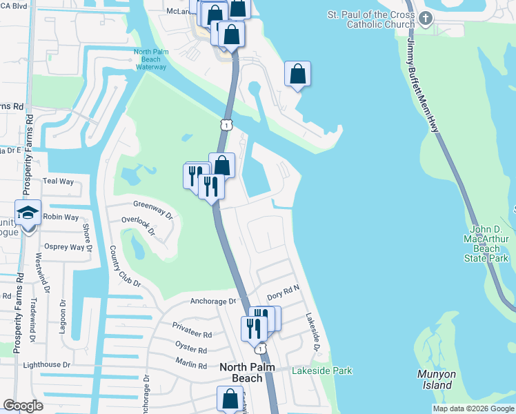 map of restaurants, bars, coffee shops, grocery stores, and more near 119 Gulfstream Road in North Palm Beach