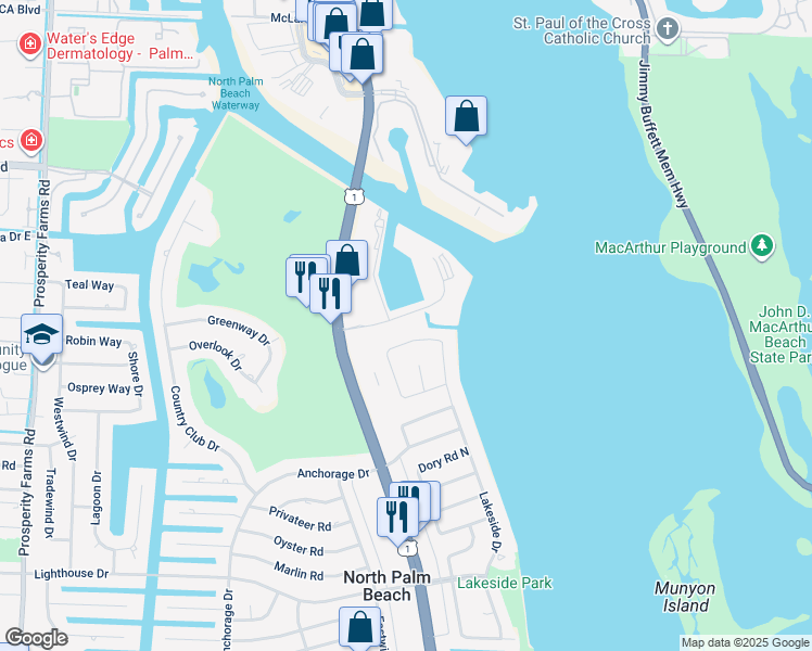 map of restaurants, bars, coffee shops, grocery stores, and more near 119 Gulfstream Road in North Palm Beach