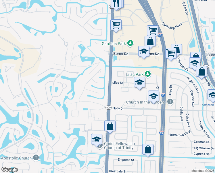 map of restaurants, bars, coffee shops, grocery stores, and more near 10193 North Military Trail in Palm Beach Gardens