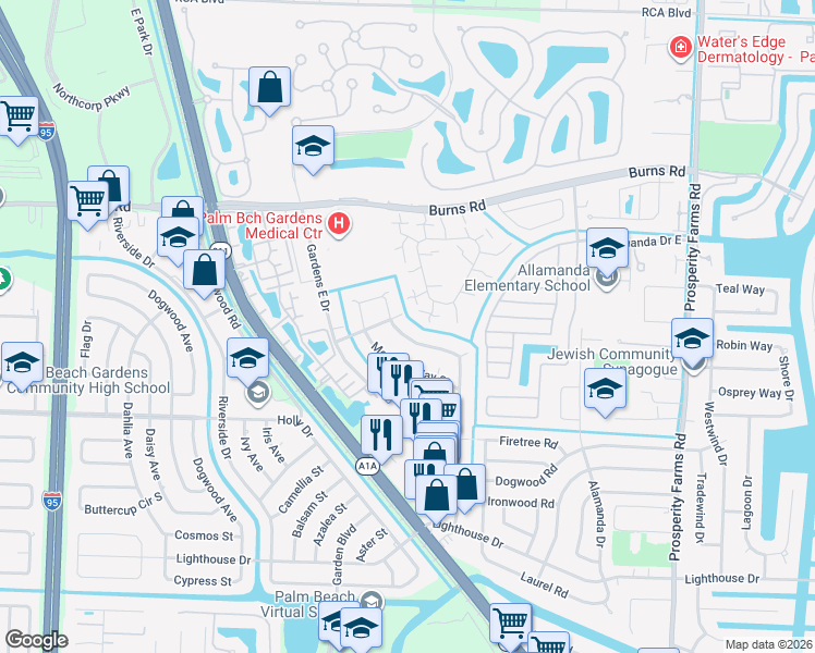 map of restaurants, bars, coffee shops, grocery stores, and more near 3213 Meridian Way North in Palm Beach Gardens