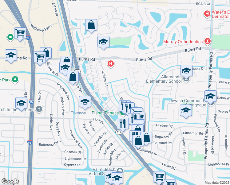 map of restaurants, bars, coffee shops, grocery stores, and more near 3300 Meridian Way South in Palm Beach Gardens