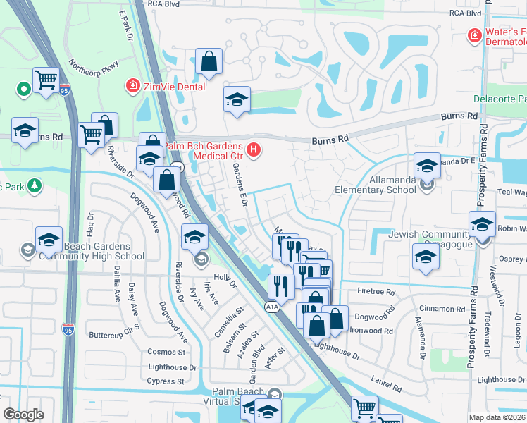 map of restaurants, bars, coffee shops, grocery stores, and more near 3299 Gardens East Drive in Palm Beach Gardens