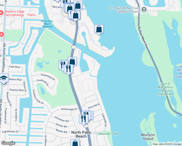 map of restaurants, bars, coffee shops, grocery stores, and more near 119 Gulfstream Road in North Palm Beach