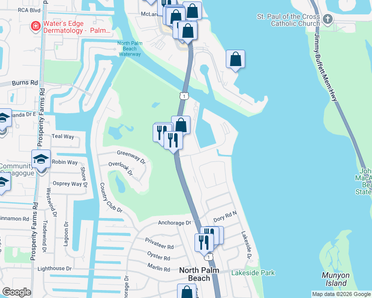 map of restaurants, bars, coffee shops, grocery stores, and more near 148 Yacht Club Drive in North Palm Beach