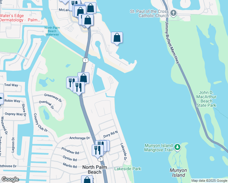map of restaurants, bars, coffee shops, grocery stores, and more near 60 Yacht Club Drive in North Palm Beach