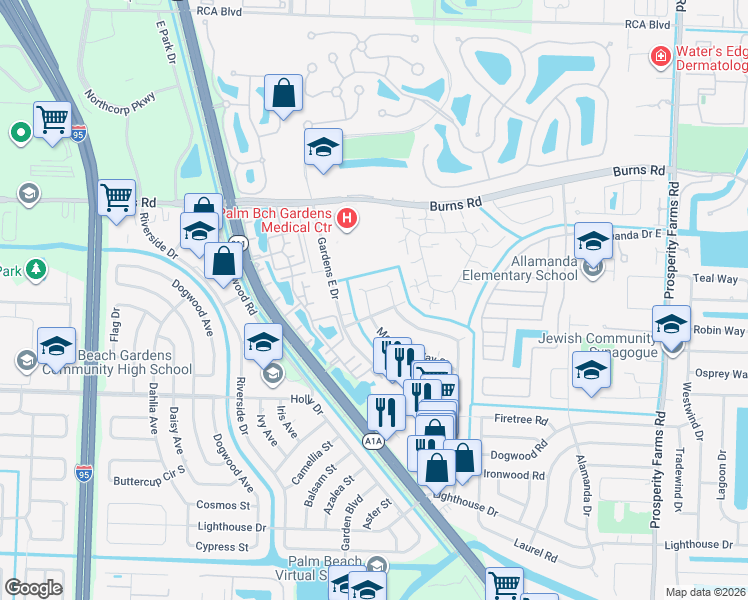 map of restaurants, bars, coffee shops, grocery stores, and more near 3321 Meridian Way South in Palm Beach Gardens