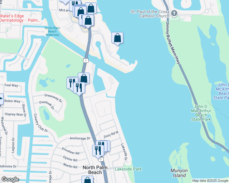 map of restaurants, bars, coffee shops, grocery stores, and more near 60 Yacht Club Drive in North Palm Beach