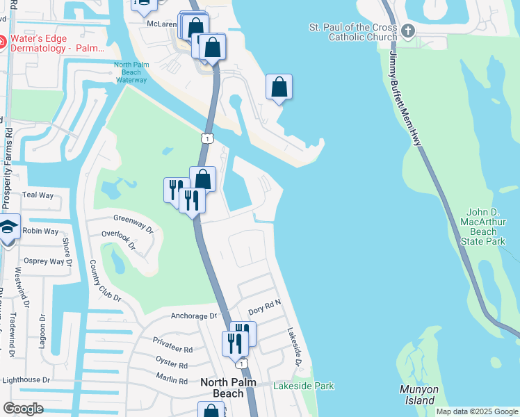 map of restaurants, bars, coffee shops, grocery stores, and more near 52 Yacht Club Drive in North Palm Beach