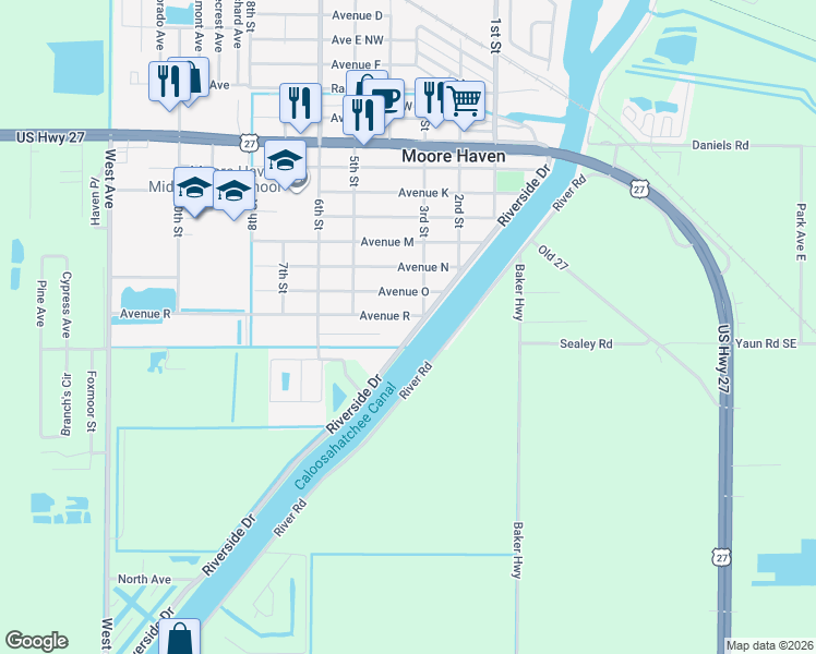 map of restaurants, bars, coffee shops, grocery stores, and more near 801 Avenue R in Moore Haven
