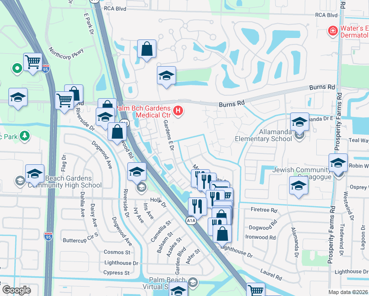 map of restaurants, bars, coffee shops, grocery stores, and more near 3350 Meridian Way South in Palm Beach Gardens