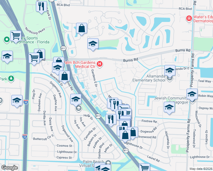 map of restaurants, bars, coffee shops, grocery stores, and more near 3358 Meridian Way North in Palm Beach Gardens