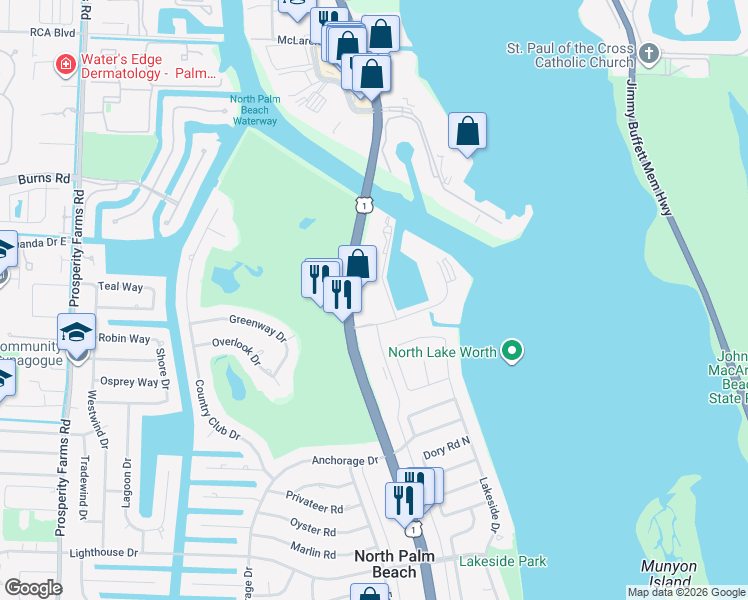 map of restaurants, bars, coffee shops, grocery stores, and more near 907 Marina Drive in North Palm Beach