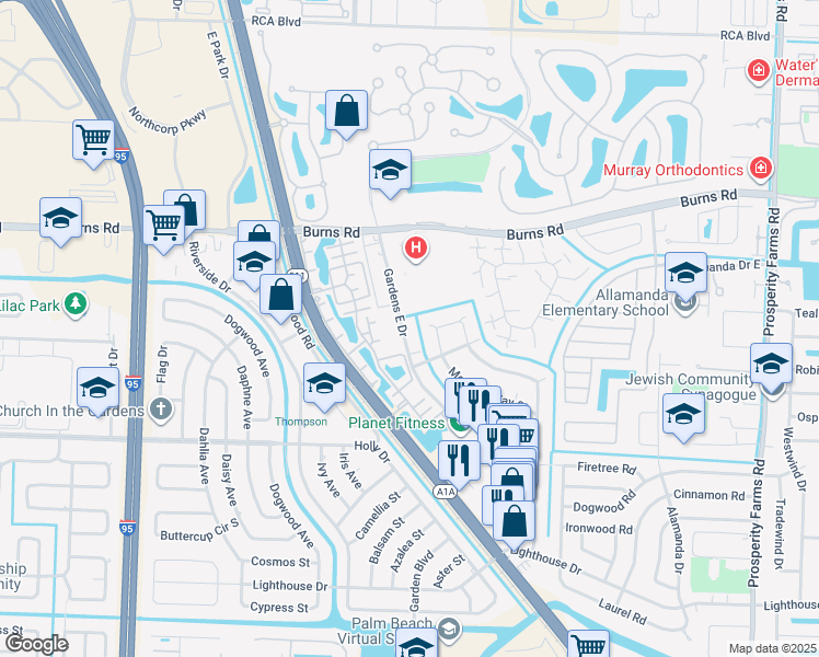 map of restaurants, bars, coffee shops, grocery stores, and more near 3350 Meridian Way South in Palm Beach Gardens