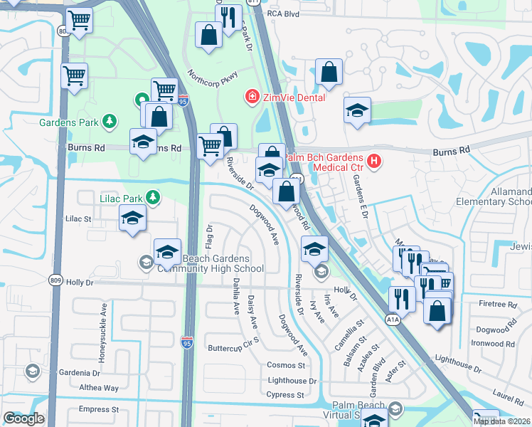 map of restaurants, bars, coffee shops, grocery stores, and more near 10270 Dogwood Avenue in Palm Beach Gardens