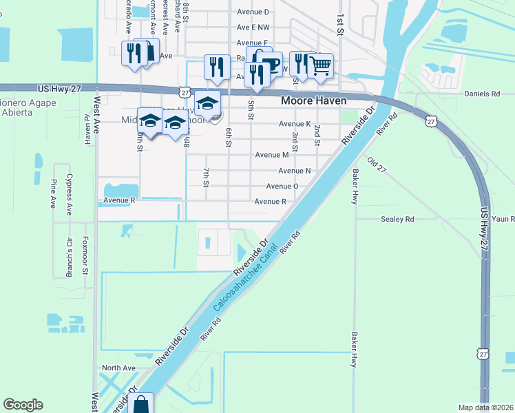 map of restaurants, bars, coffee shops, grocery stores, and more near 414 Avenue R in Moore Haven