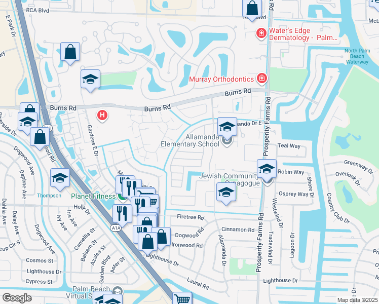 map of restaurants, bars, coffee shops, grocery stores, and more near Caoba Street in Palm Beach Gardens