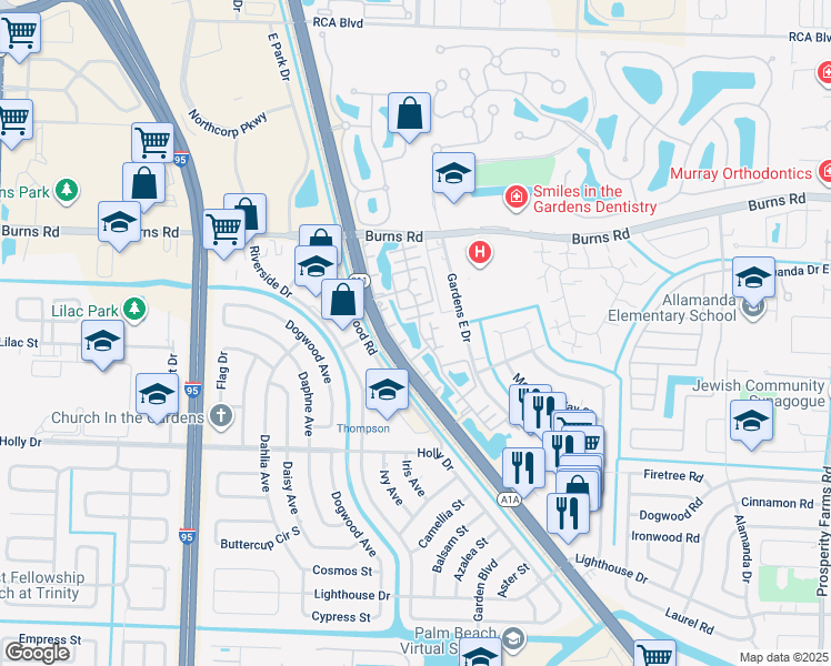 map of restaurants, bars, coffee shops, grocery stores, and more near 2750 Rio Vista Boulevard in Palm Beach Gardens