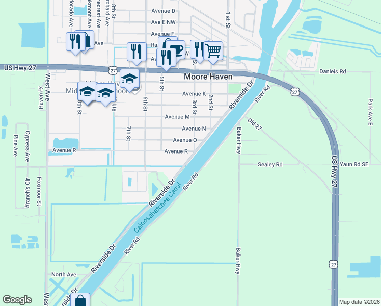 map of restaurants, bars, coffee shops, grocery stores, and more near 801 Avenue R in Moore Haven