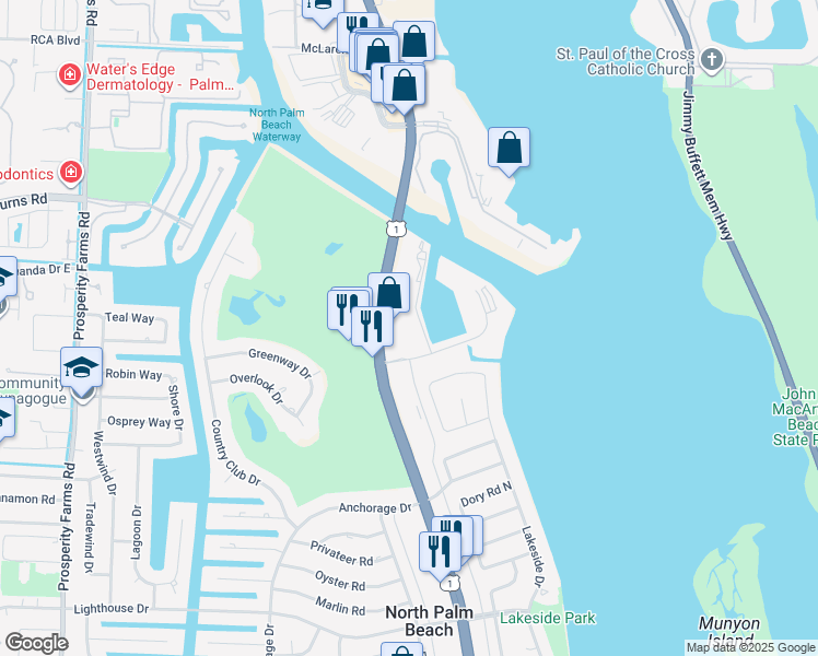 map of restaurants, bars, coffee shops, grocery stores, and more near 907 Marina Drive in North Palm Beach