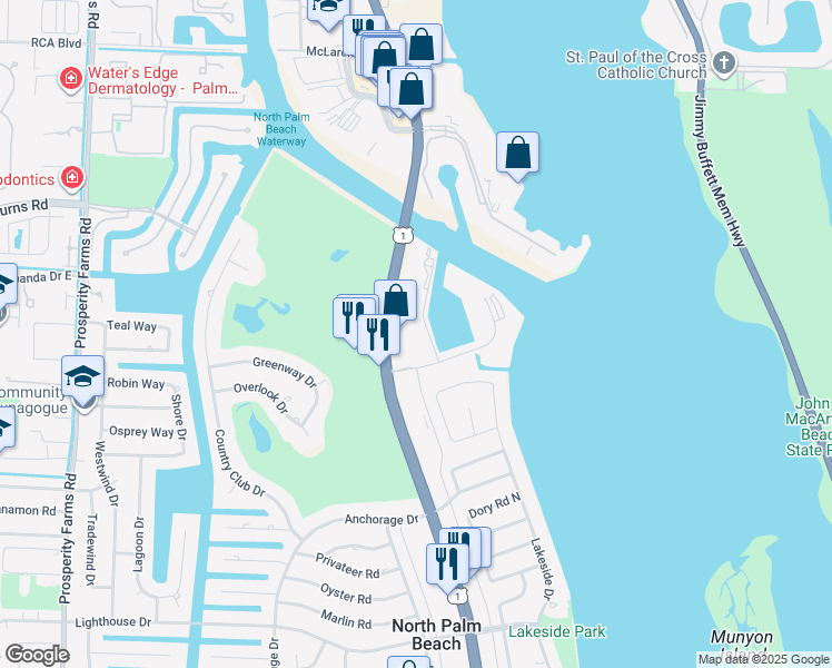 map of restaurants, bars, coffee shops, grocery stores, and more near 907 Marina Drive in North Palm Beach