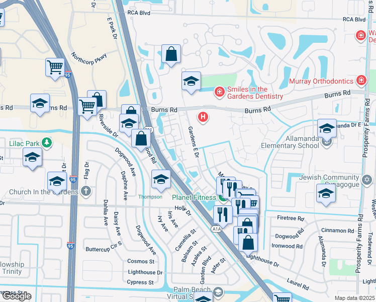 map of restaurants, bars, coffee shops, grocery stores, and more near 3400 Gardens East Drive in Palm Beach Gardens