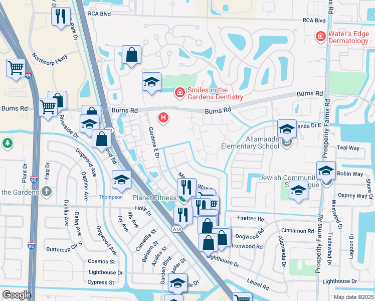 map of restaurants, bars, coffee shops, grocery stores, and more near 3358 Meridian Way North in Palm Beach Gardens