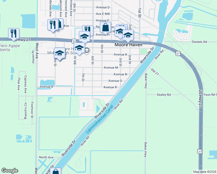map of restaurants, bars, coffee shops, grocery stores, and more near 414 Avenue R in Moore Haven